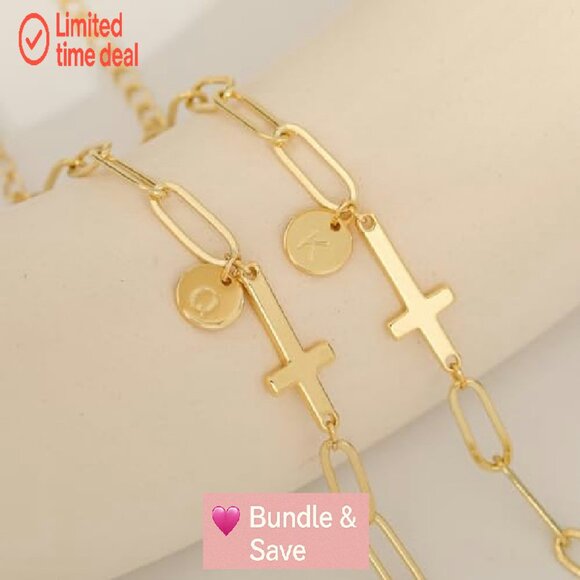 14K Gold-Plated Dainty Initial Cross Bracelet, Adjustable Paperclip Chain - Picture 6 of 8